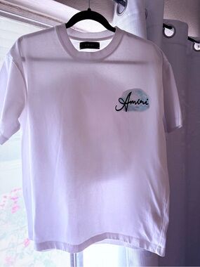 AMIRI White Tee with Pastel Blue Logo Patch